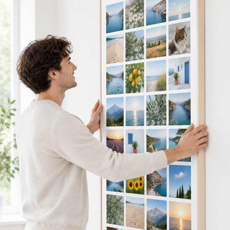 Un homme accroche la toile photo Instawall Canvas Tall avec châssis naturel au mur