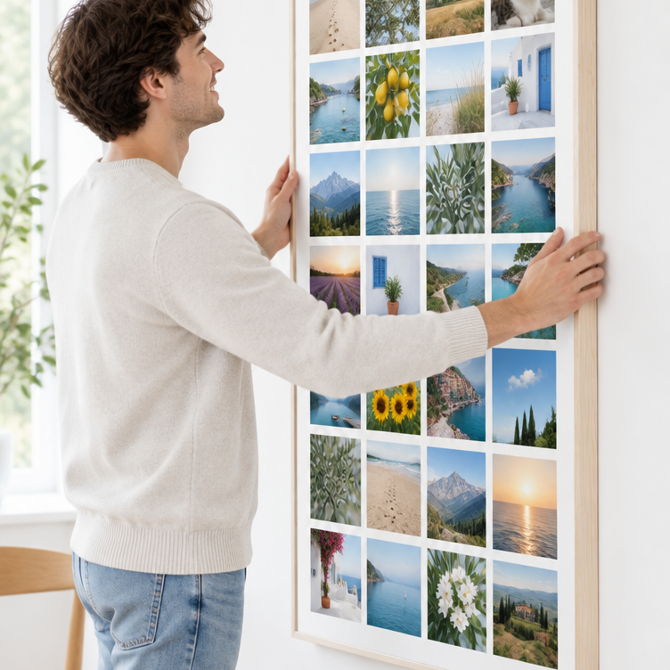 Un homme accroche la toile photo Instawall Canvas Tall avec cadre baklijst clair au mur