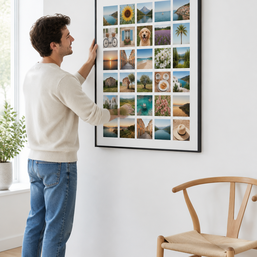 Un homme accroche la grande toile photo Instawall Canvas Portrait avec cadre baklijst noir au mur