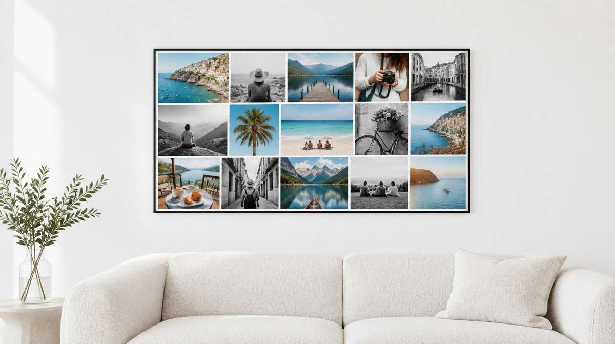 Fotocollage op canvas met zwarte baklijst boven een lichte bank