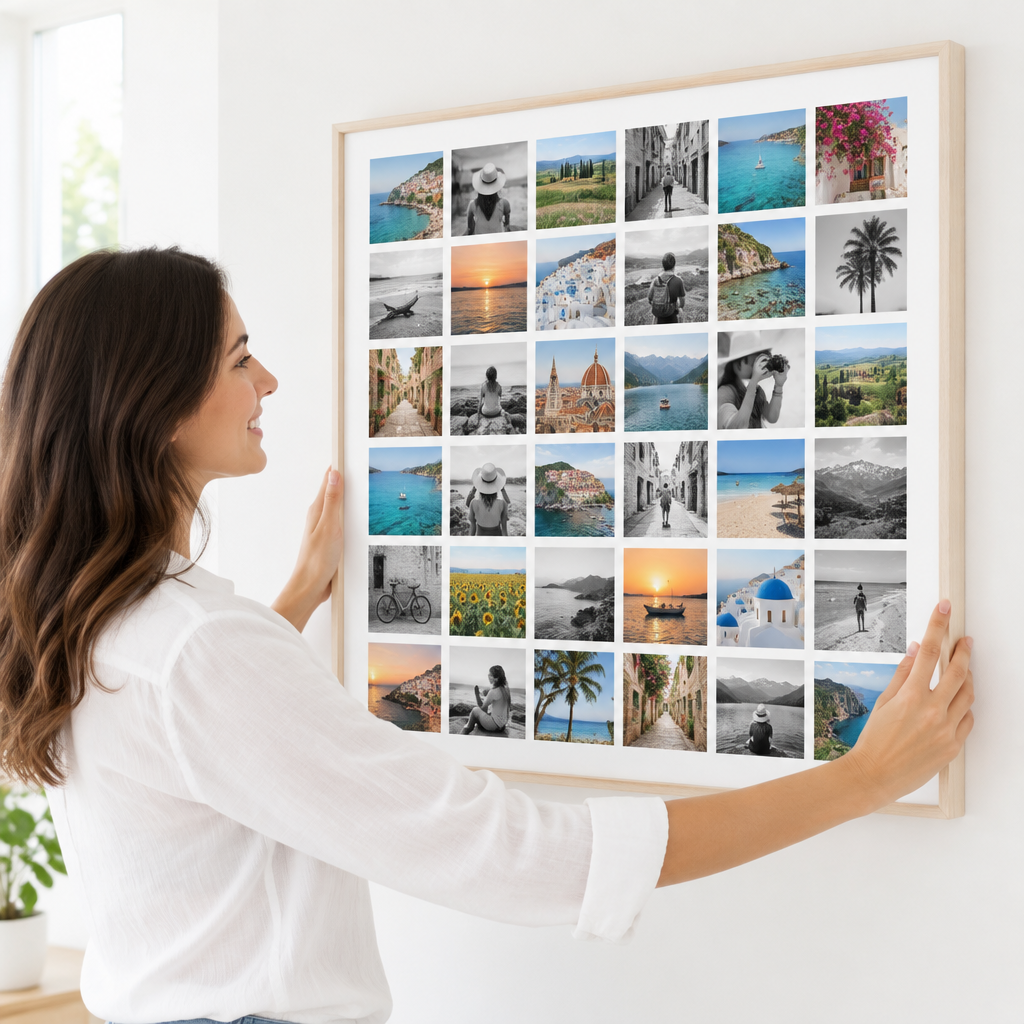 Une femme accroche la toile photo Instawall Canvas Square avec cadre baklijst clair au mur