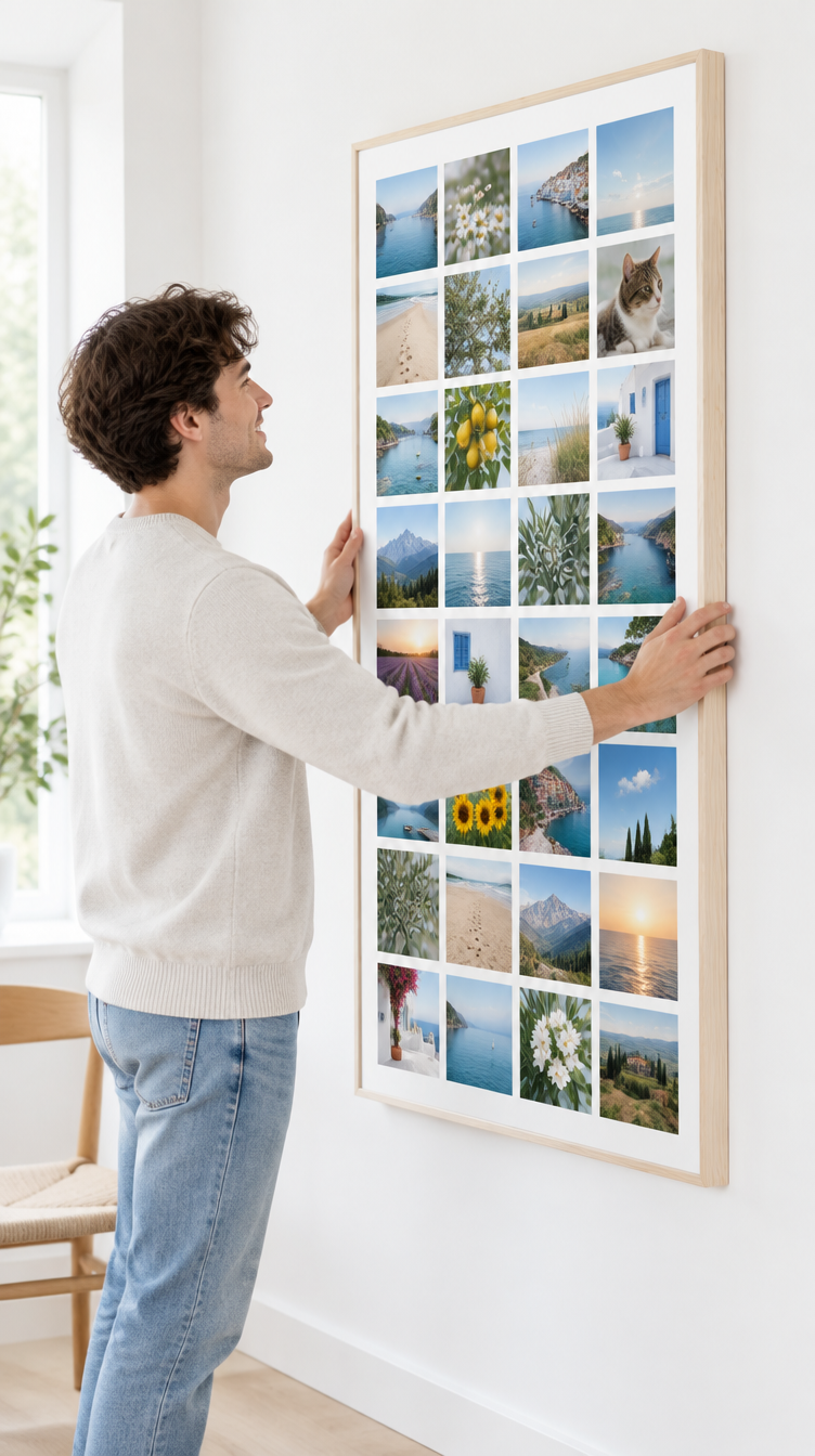 Un homme accroche la toile photo Instawall Canvas Tall avec cadre baklijst clair au mur