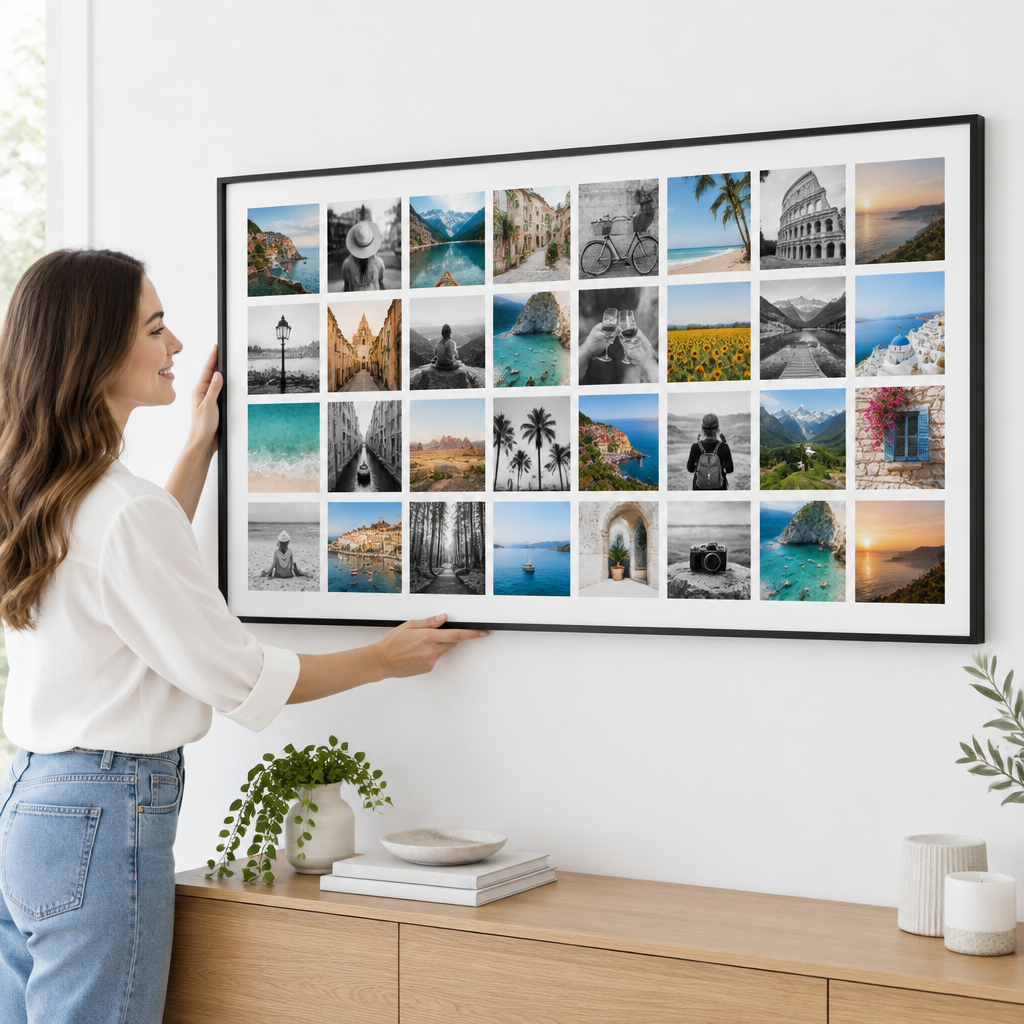 Une femme accroche la toile photo Instawall Canvas Wide avec cadre baklijst noir au mur