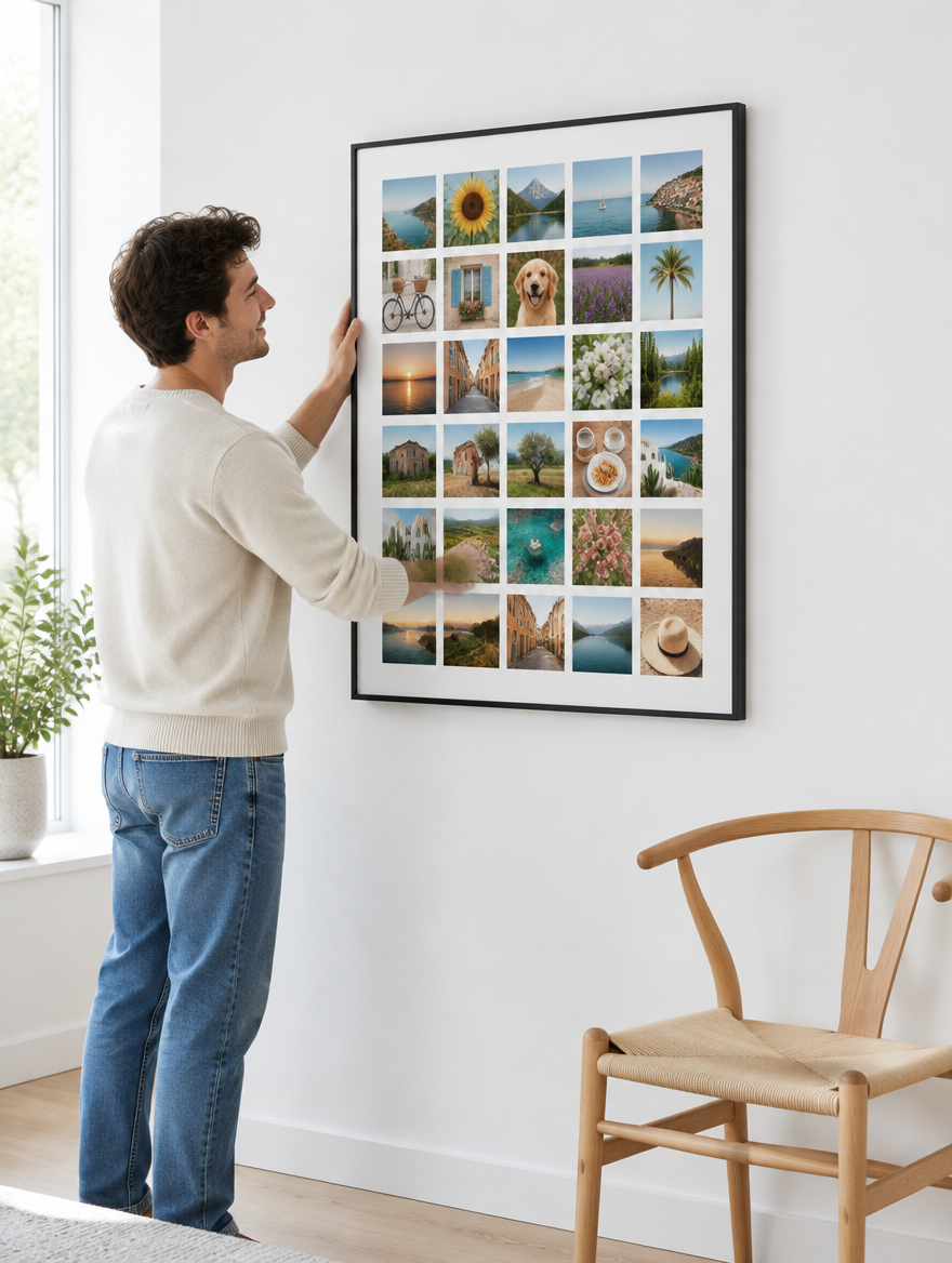 Un homme accroche la grande toile photo Instawall Canvas Portrait avec cadre baklijst noir au mur