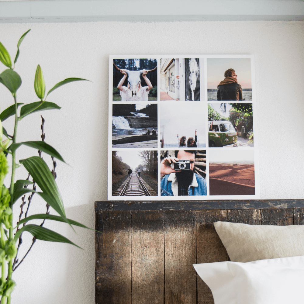 Instawall Print fotocollage van 9 foto's, 60x60 cm, glas inbegrepen, moderne slaapkamerwanddecoratie